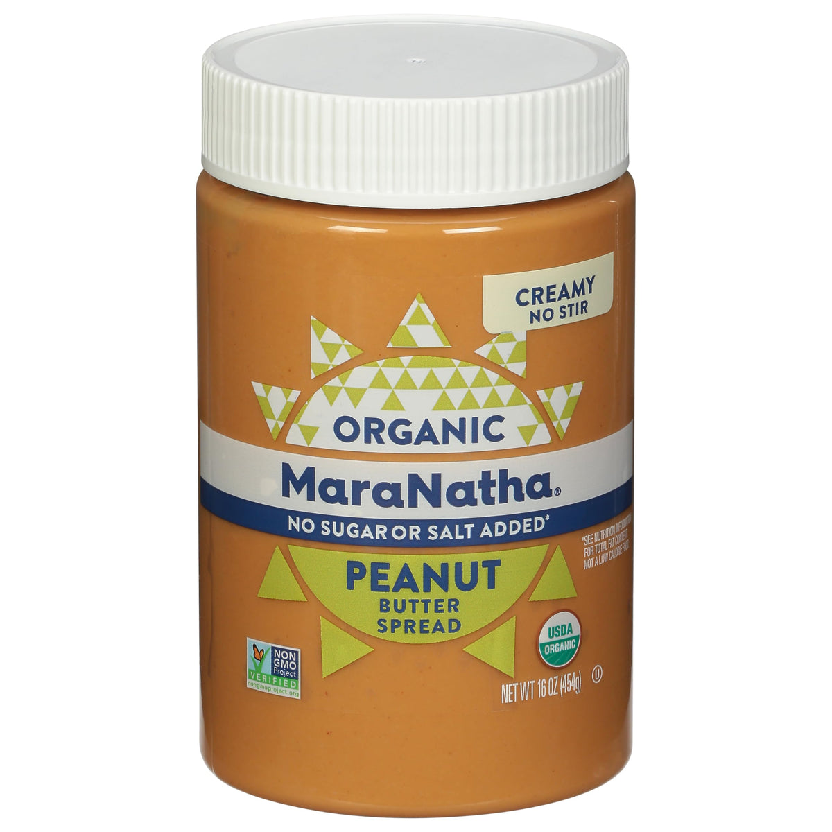 MARANATHA organic creamy peanut butter spread jar front for no-stir convenience.