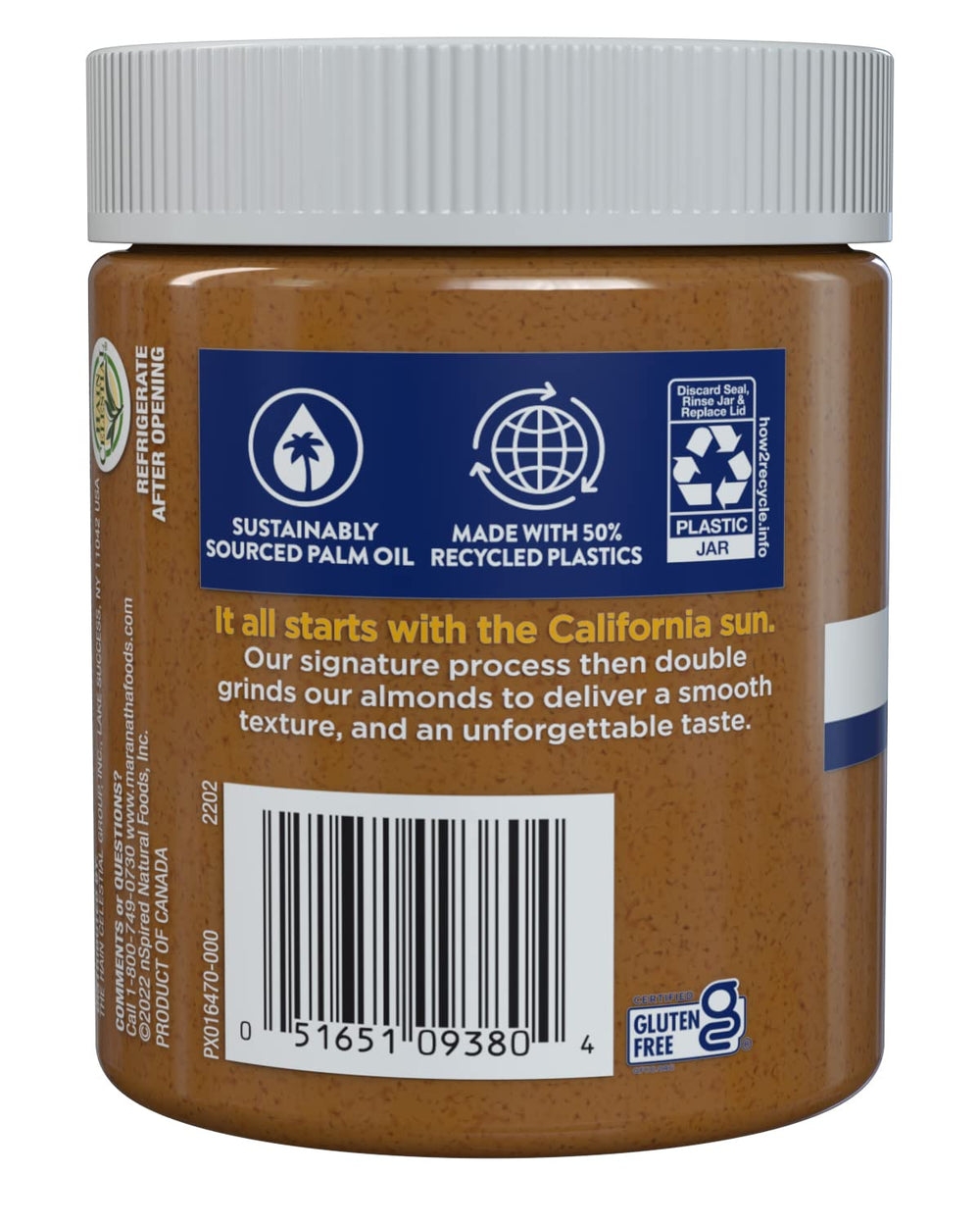 Toast topped with MaraNatha almond butter showing gluten-free spread