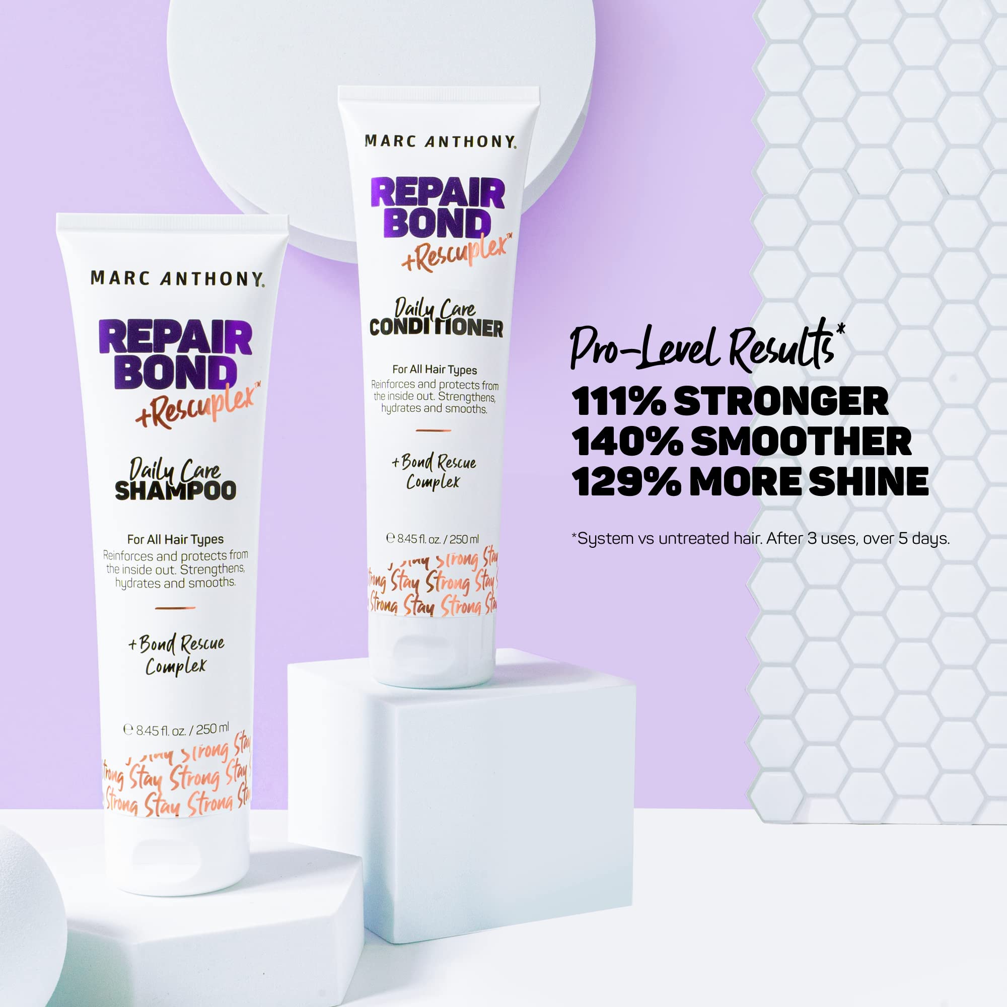 Marc Anthony Repair Bond conditioner bottle emphasizes smoother, shinier hair.