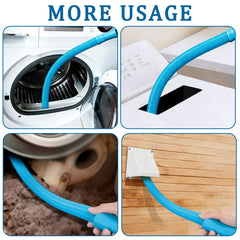 Extendable brush in action navigating curved dryer vents for thorough cleaning.