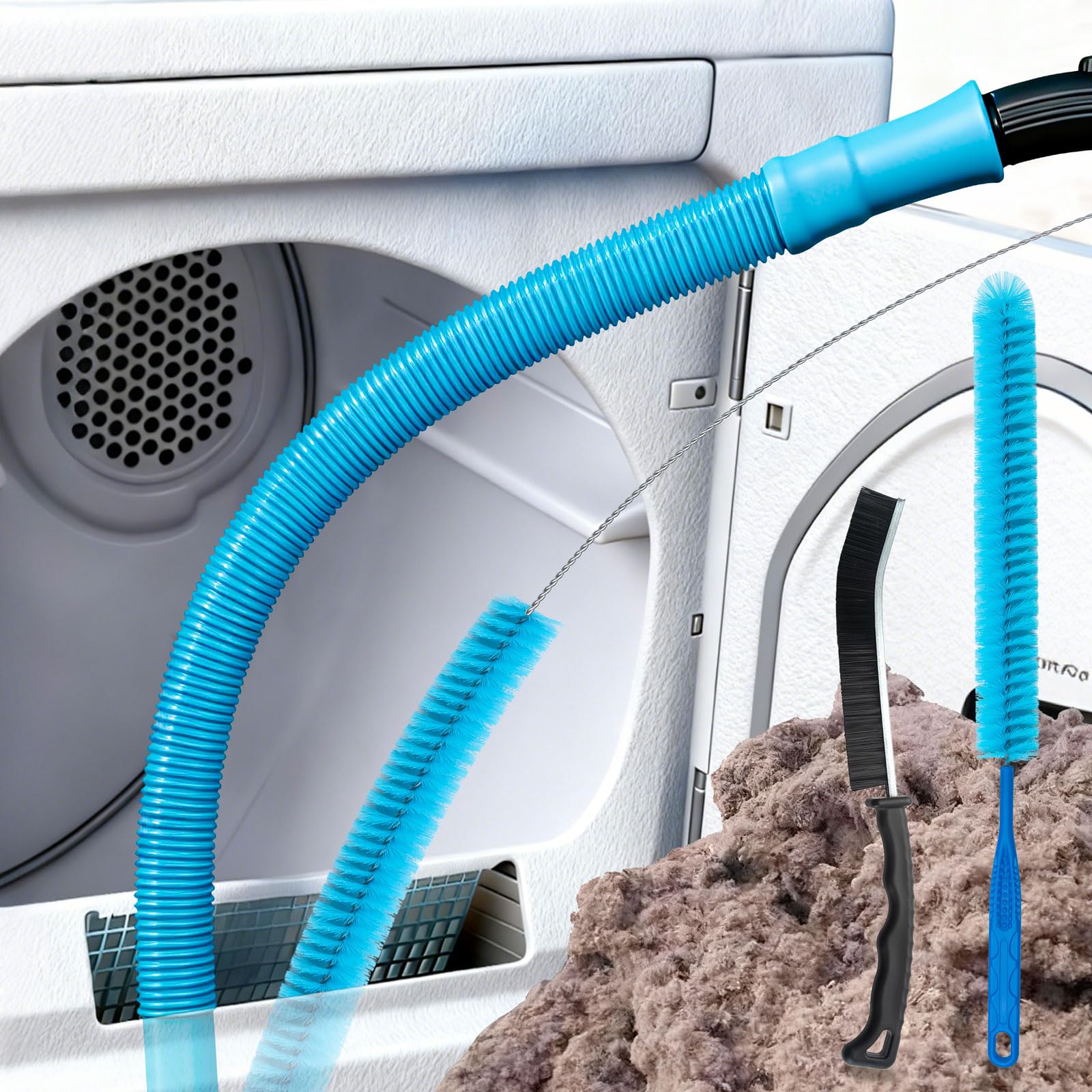 Marchio figurativo GG dryer vent cleaner kit with flexible brush reaching deep into ducts for lint removal.