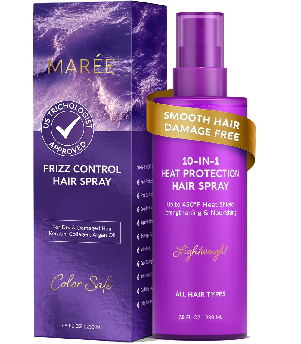 MAREE 10-in-1 heat protection spray bottle with keratin smooths while styling