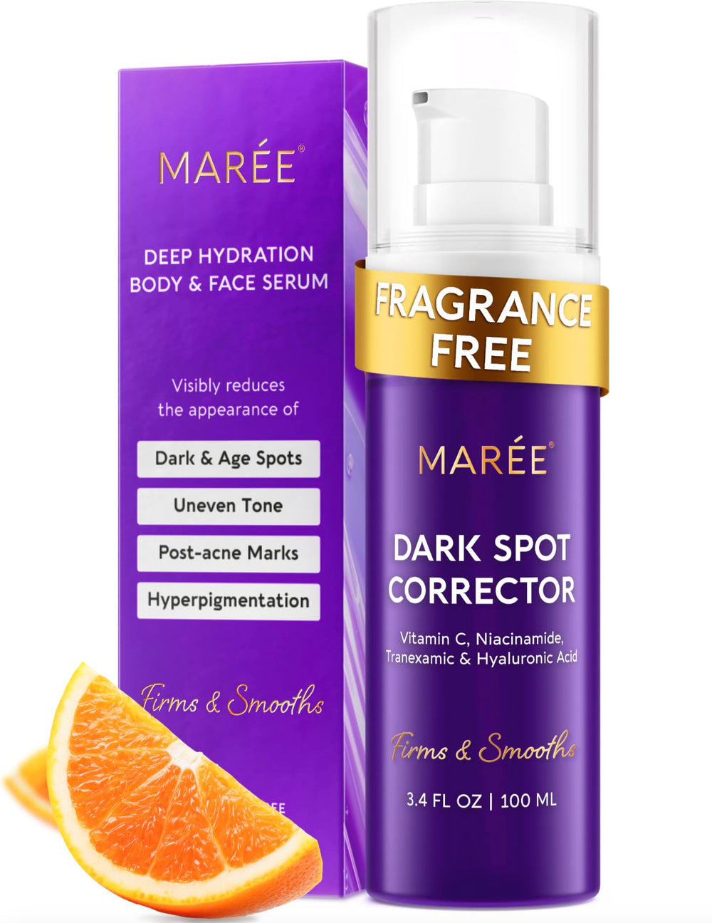MAREE dark spot remover bottle for targeted face and body brightening.
