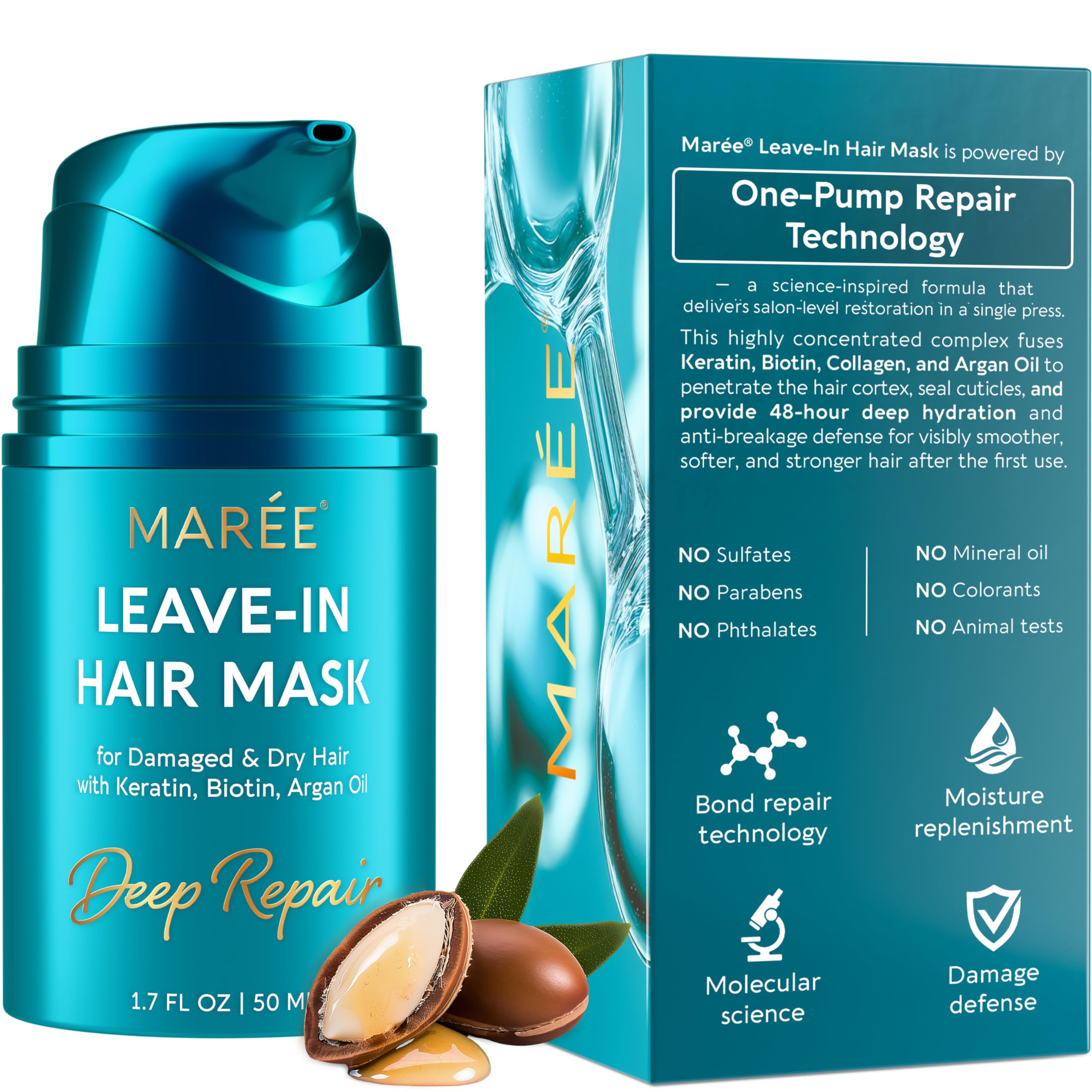 MAREE Deep Conditioning Leave-In bottle demonstrates concentrated repair for damaged hair.