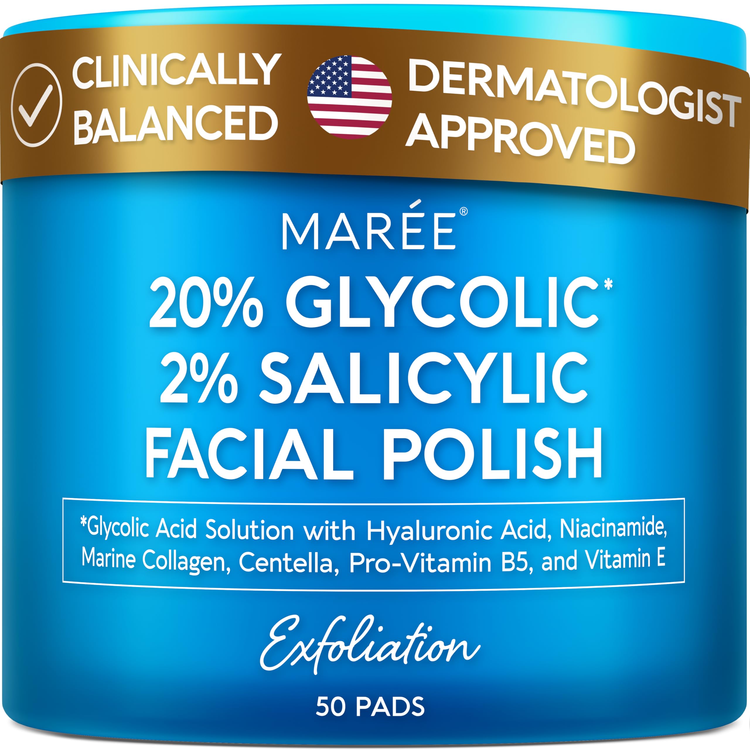 MAREE Glycolic Pads packaging highlighting a strong exfoliation solution.