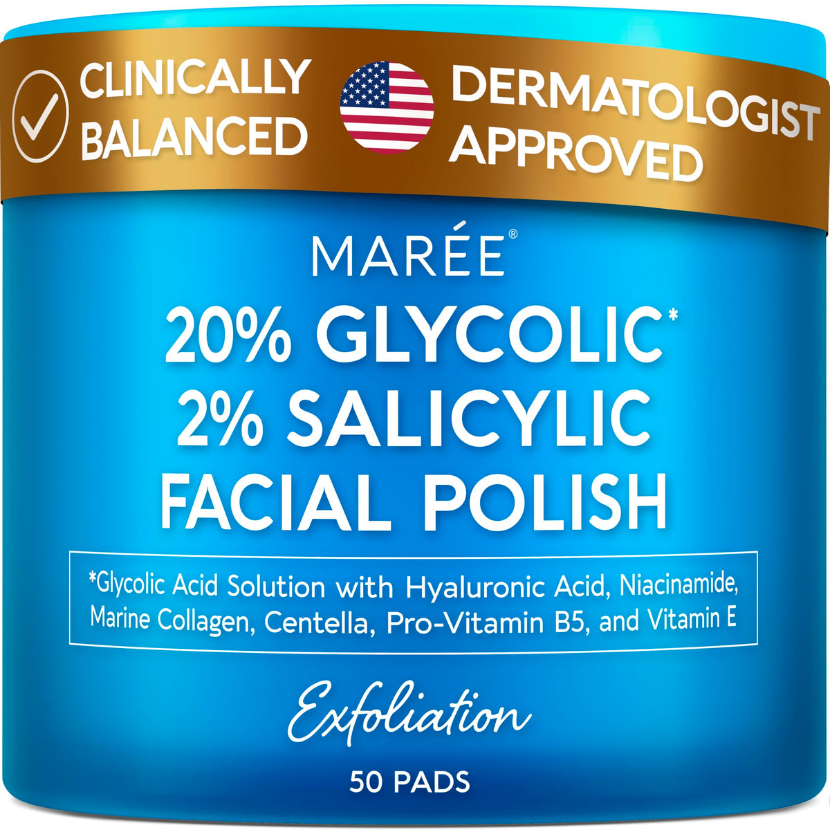 MAREE Glycolic Pads packaging highlighting a strong exfoliation solution.
