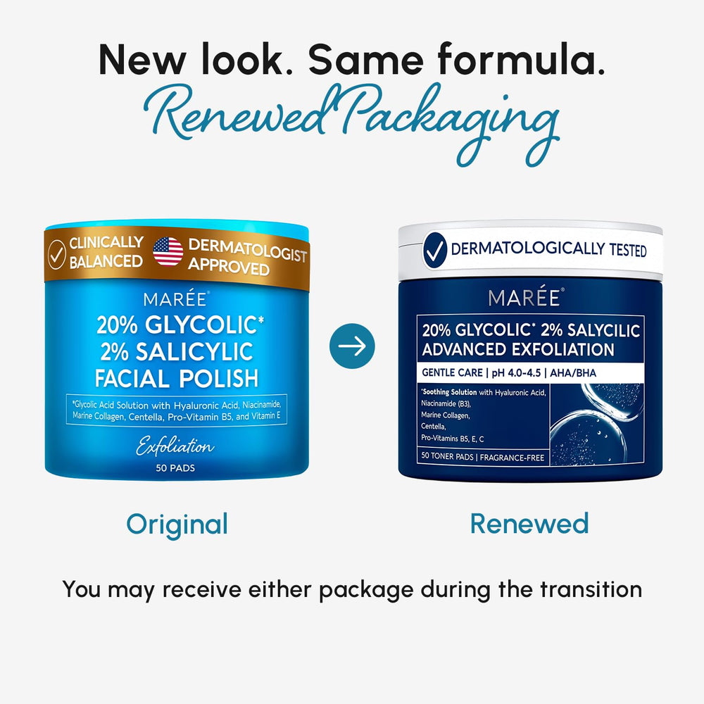 MAREE Glycolic Pads dual-sided texture demonstrated for gentle polishing on skin.