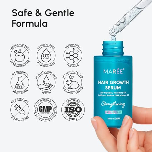 MAREE Hair Growth Serum on shelf with natural ingredient icons