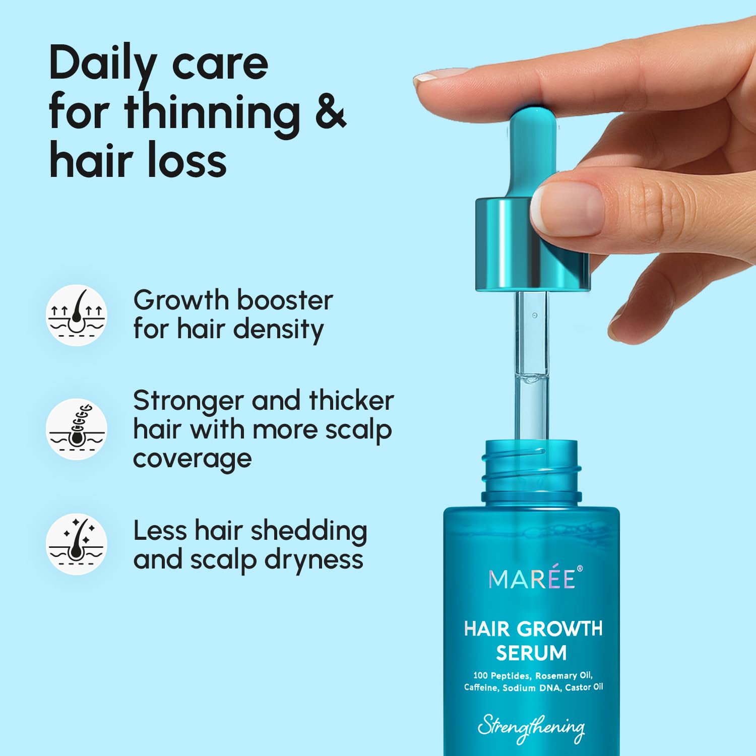 MAREE Hair Growth Serum texture close-up highlighting non-greasy finish