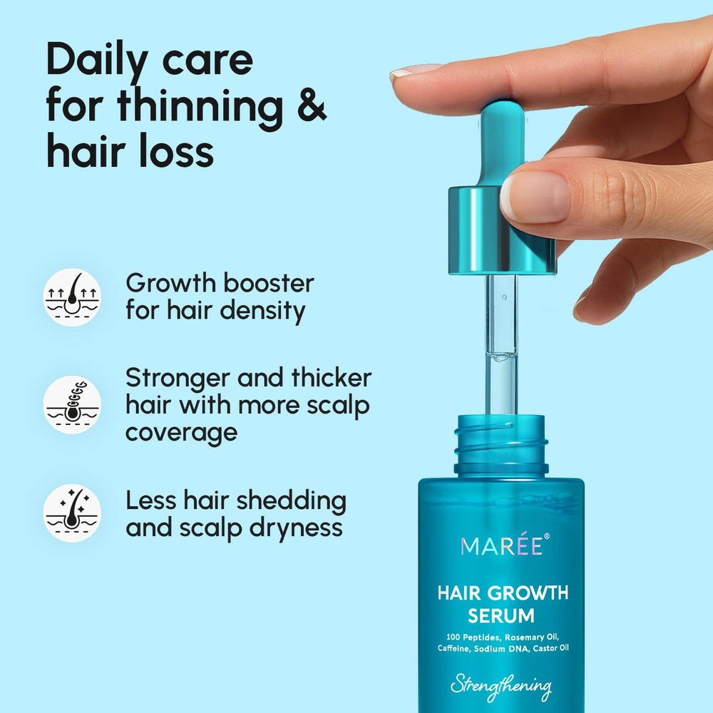 MAREE Hair Growth Serum texture close-up highlighting non-greasy finish