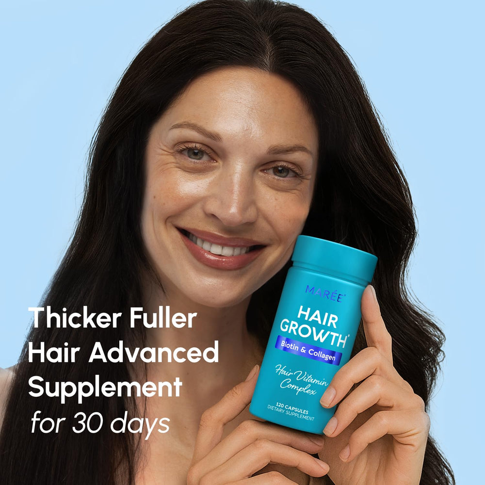 MAREE Hair Growth Vitamins bottle close-up emphasizing premium nutrition for resilient strands.