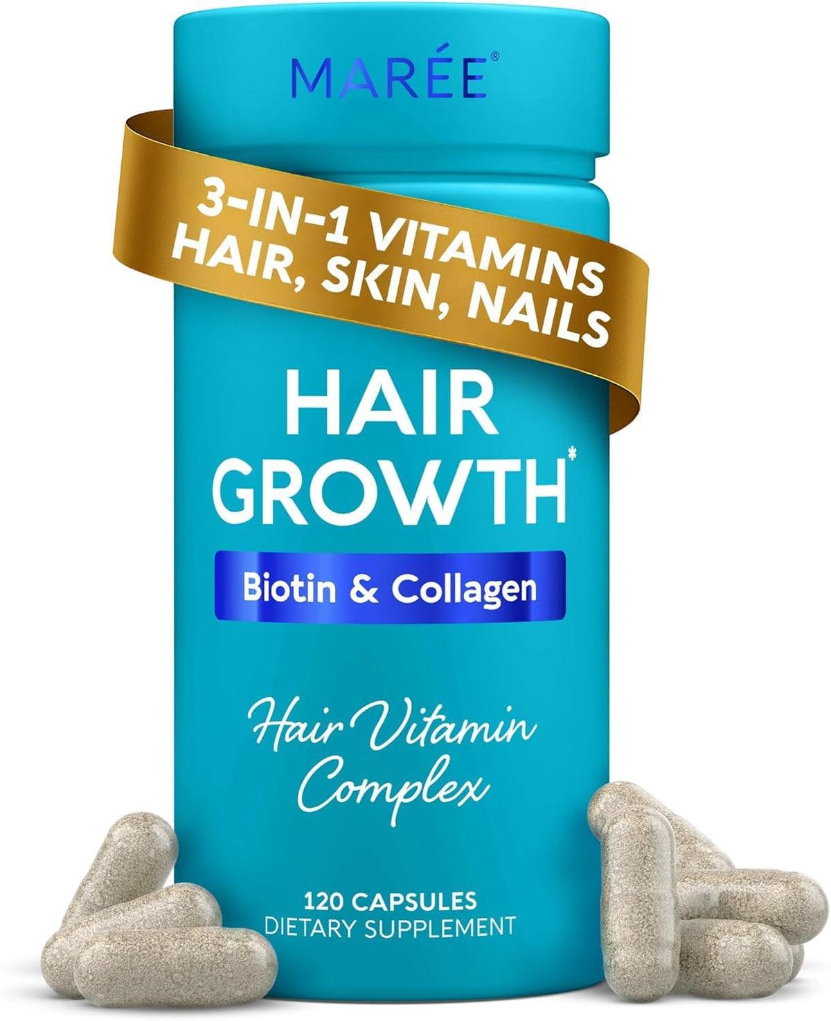 MAREE Hair Growth Vitamins bottle showing biotin and collagen formulation for nourished, fuller hair.