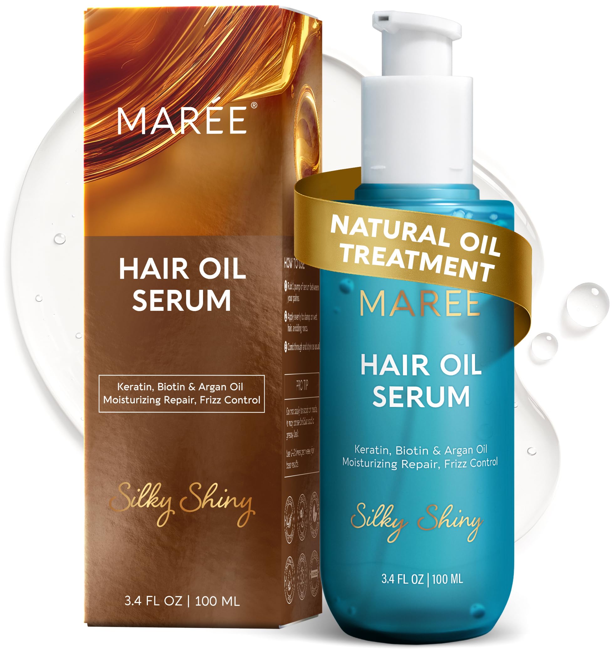 MAREE Hair Oil argan bottle demonstrates frizz control and shine.