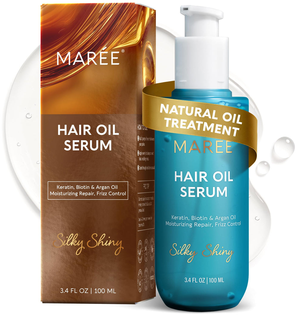 MAREE Hair Oil argan bottle demonstrates frizz control and shine.