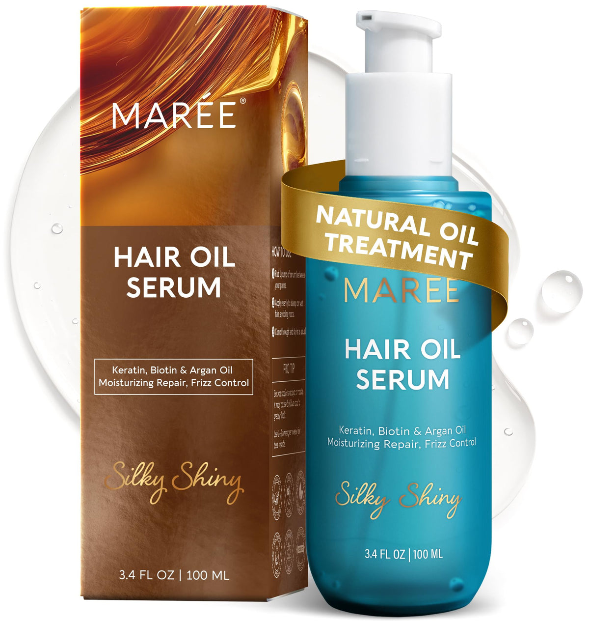 MAREE Hair Oil argan bottle demonstrates frizz control and shine.