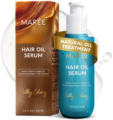 MAREE Hair Oil argan bottle demonstrates frizz control and shine.