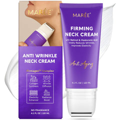 MAREE neck cream with face roller packaging highlights hydration for the neck