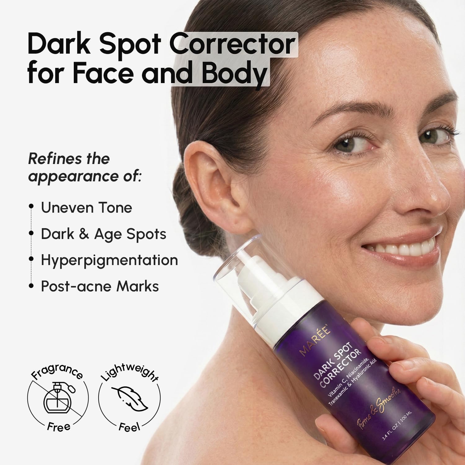 MAREE serum pump close-up showing fast-absorbing, non-sticky texture for daily use.