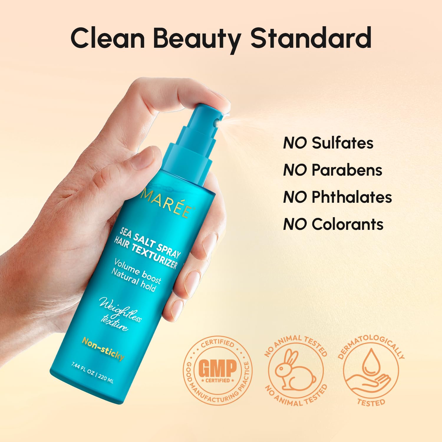 MAREE Silicone-free texture spray closeup emphasizes buildup-free styling