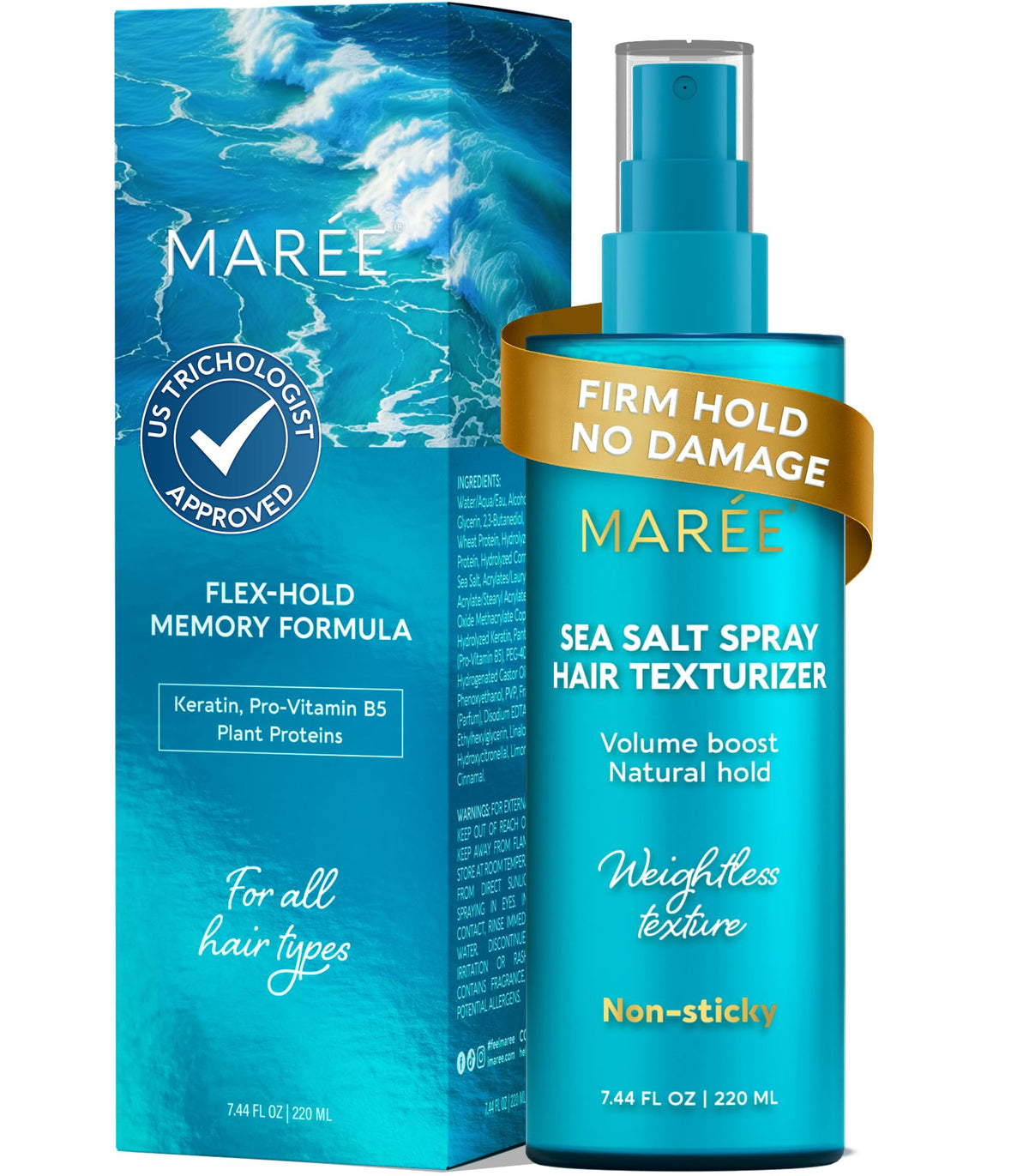 MAREE Texture Spray bottle showing airy volume and natural texture for fine hair