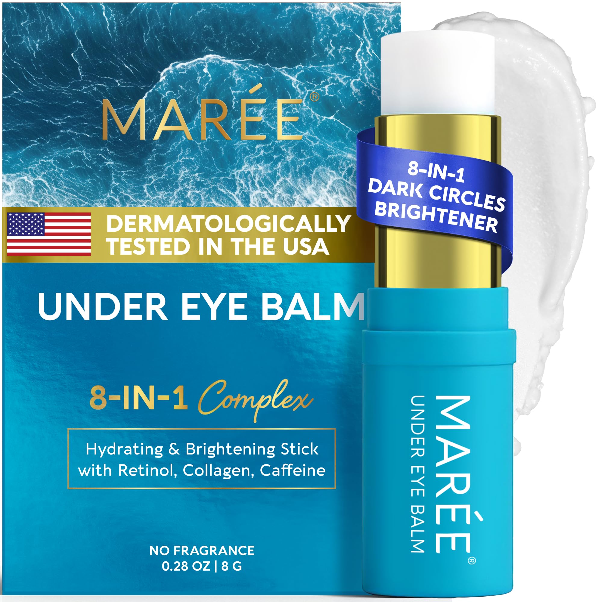 MAREE under eye balm stick packaging close-up highlighting premium branding for daily use