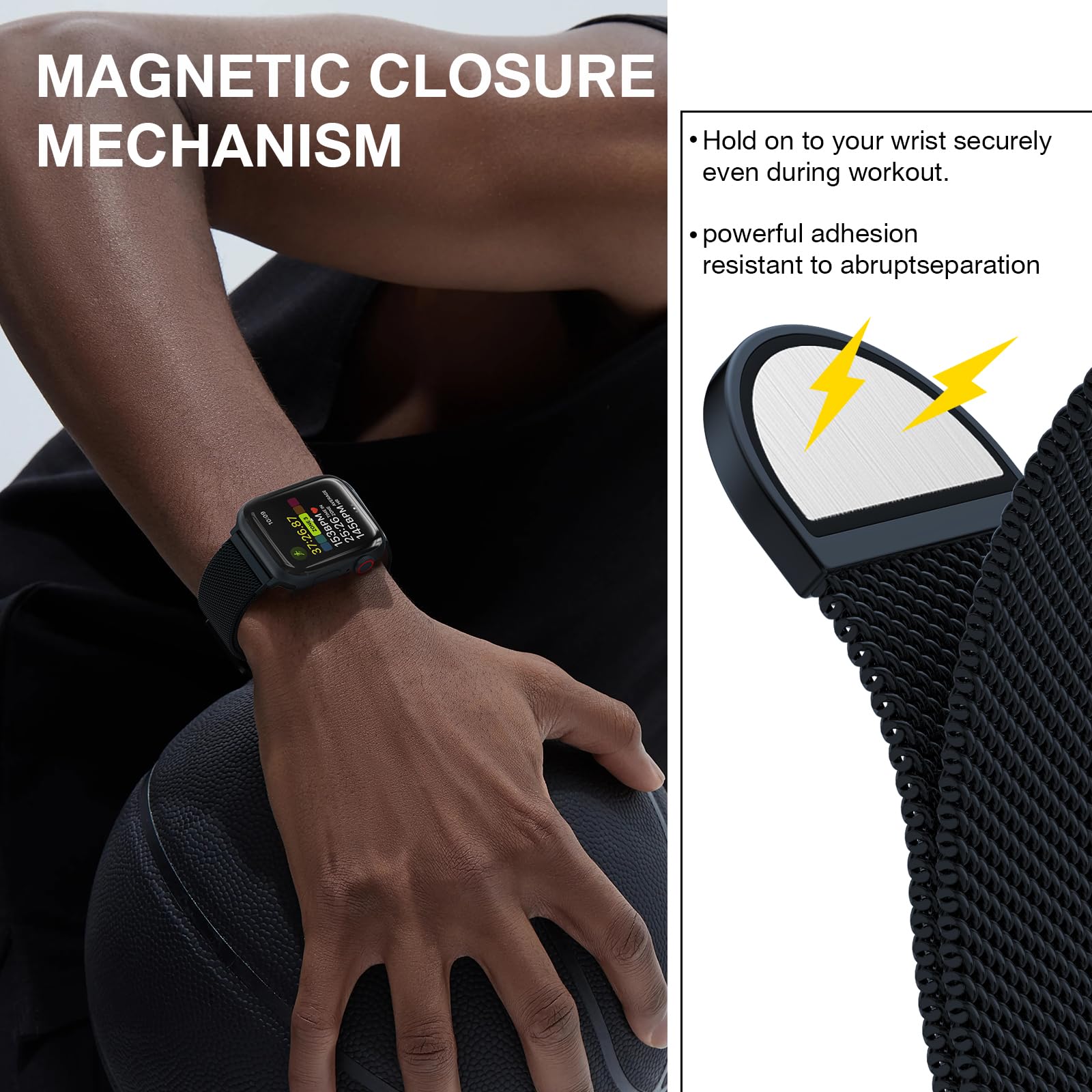 MARGE PLUS Milanese loop on 44mm Apple Watch provides breathable, sweat-proof wear.