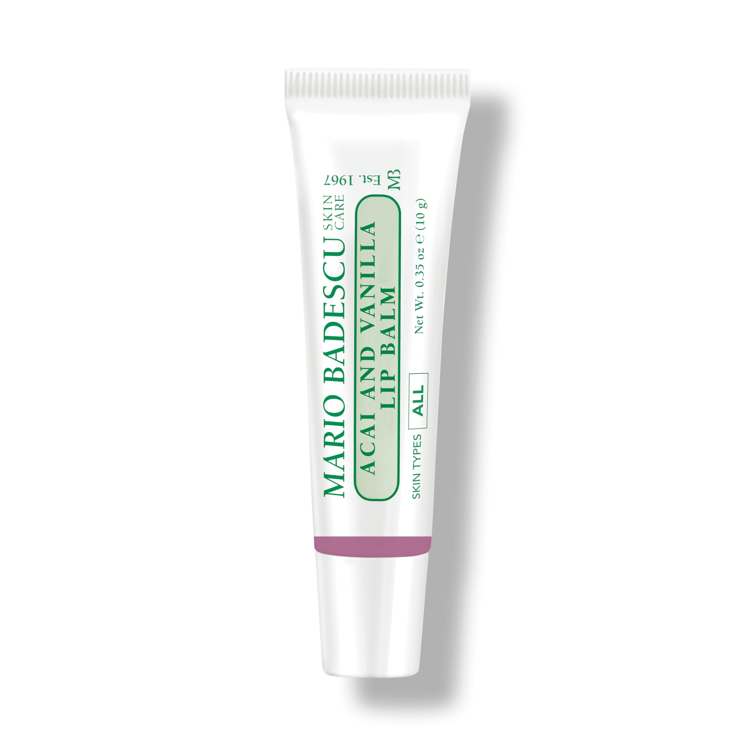 Mario Badescu Acai & Vanilla Lip Balm bottle shows rich hydration for dry lips.