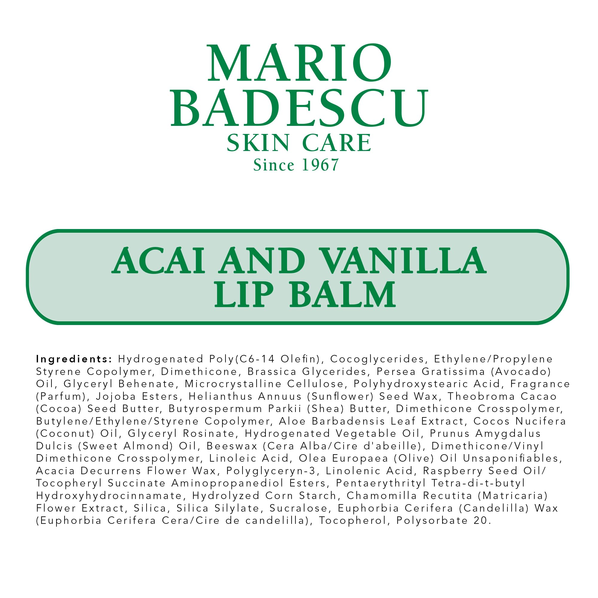 Mario Badescu Acai & Vanilla Lip Balm on lips with subtle shine.