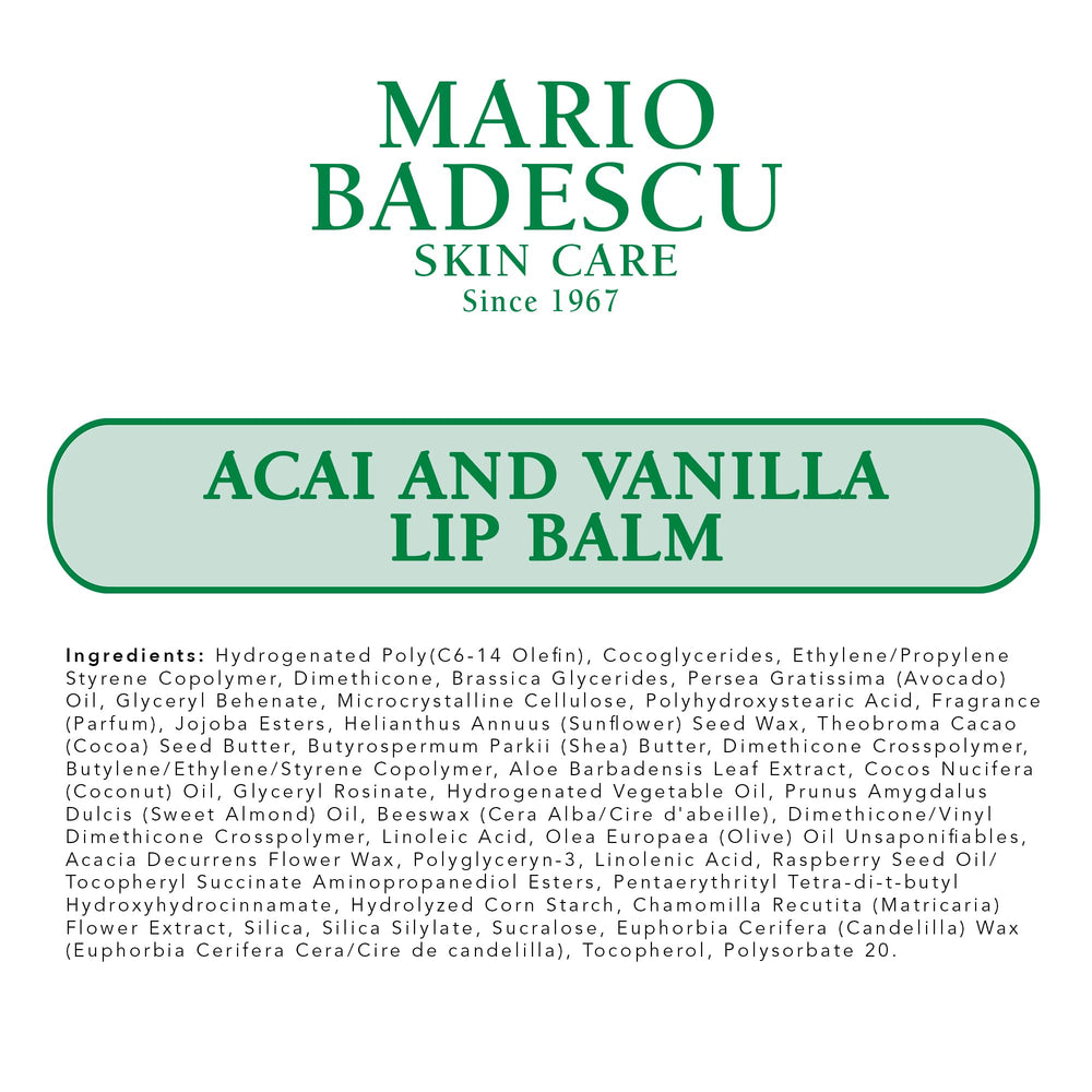 Mario Badescu Acai & Vanilla Lip Balm on lips with subtle shine.