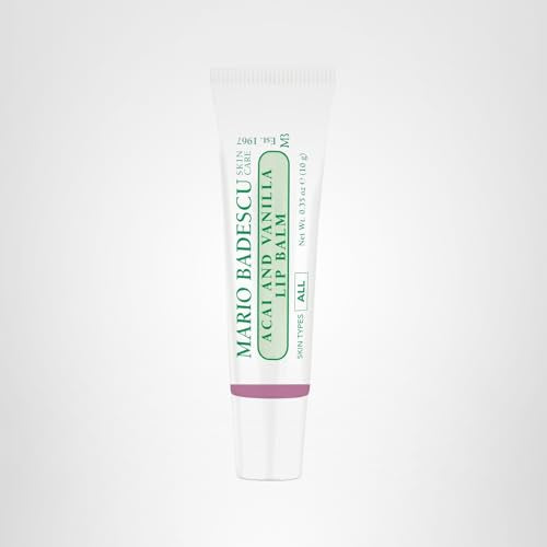 Mario Badescu Acai & Vanilla Lip Balm packaging and branding display.