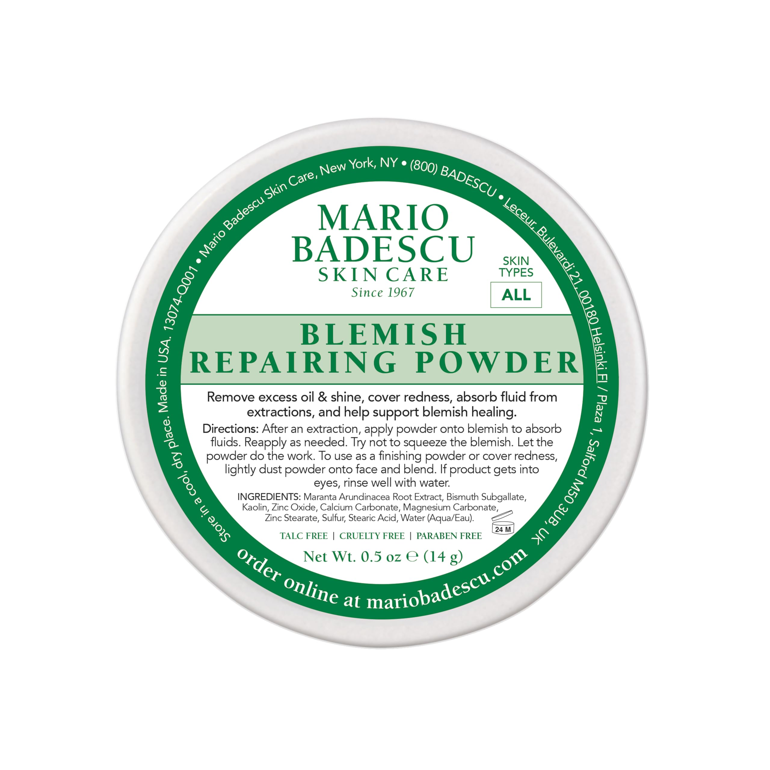 Mario Badescu Blemish Repairing Powder tube highlights a sulfur-based formula for fast blemish drying.