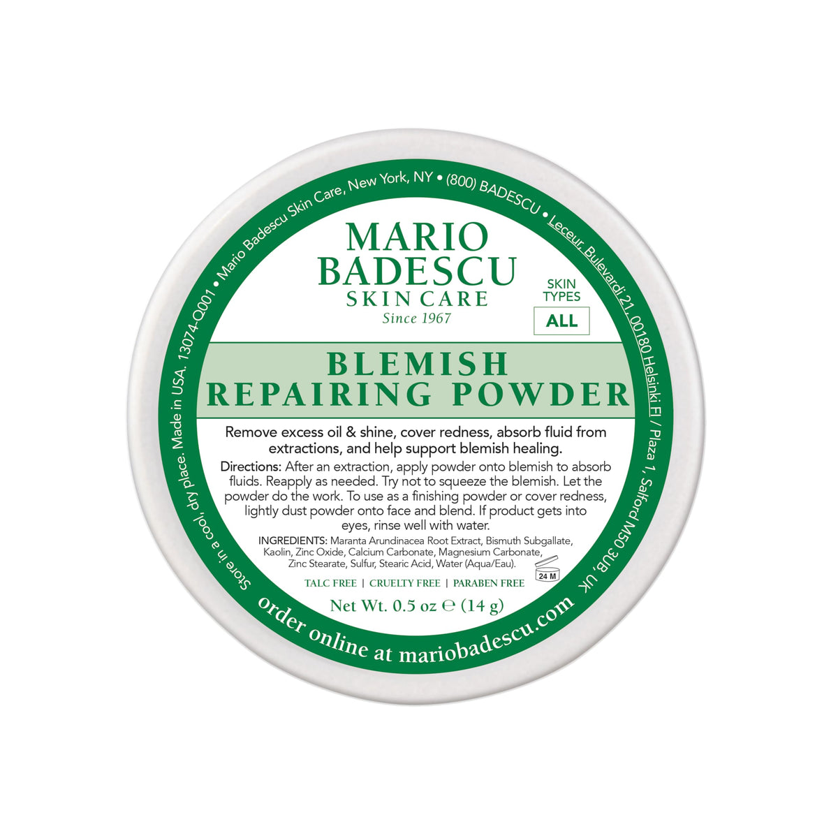 Mario Badescu Blemish Repairing Powder tube highlights a sulfur-based formula for fast blemish drying.