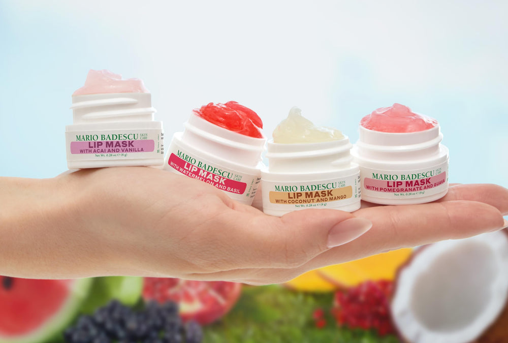 Mario Badescu Lip Mask Acai Vanilla texture swatch highlights jelly finish.