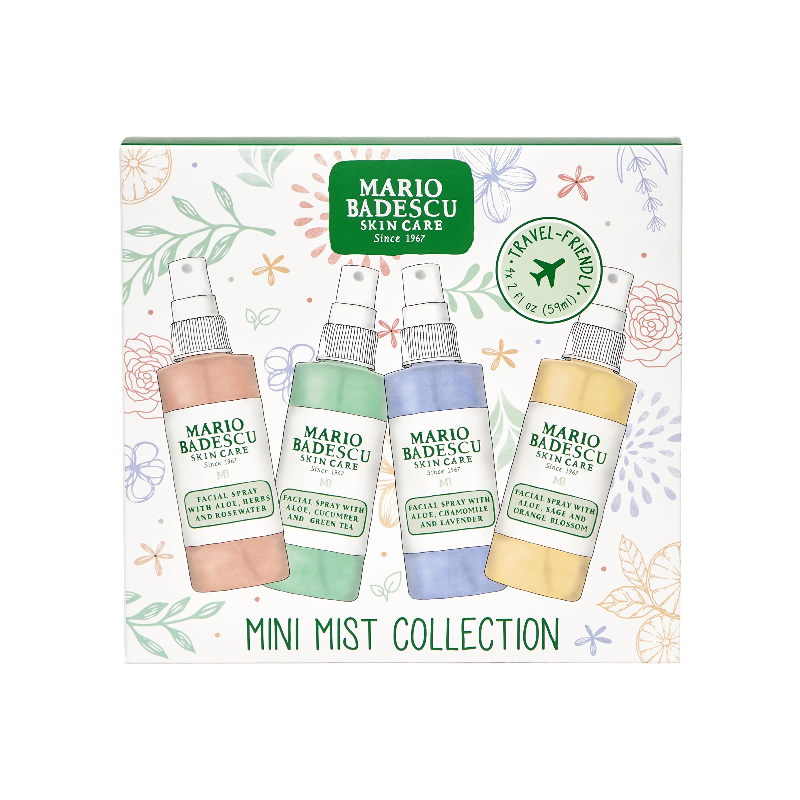 Mario Badescu display of the four travel-friendly facial mists.
