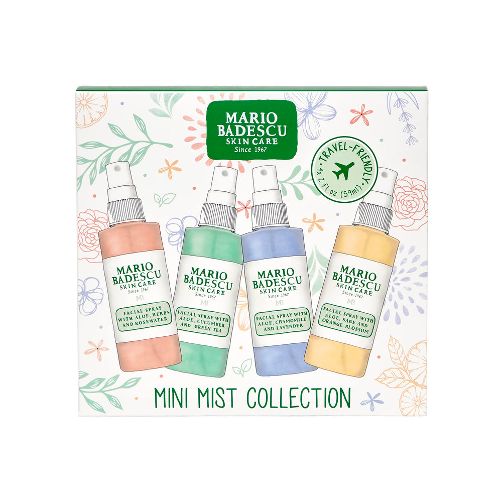 Mario Badescu display of the four travel-friendly facial mists.