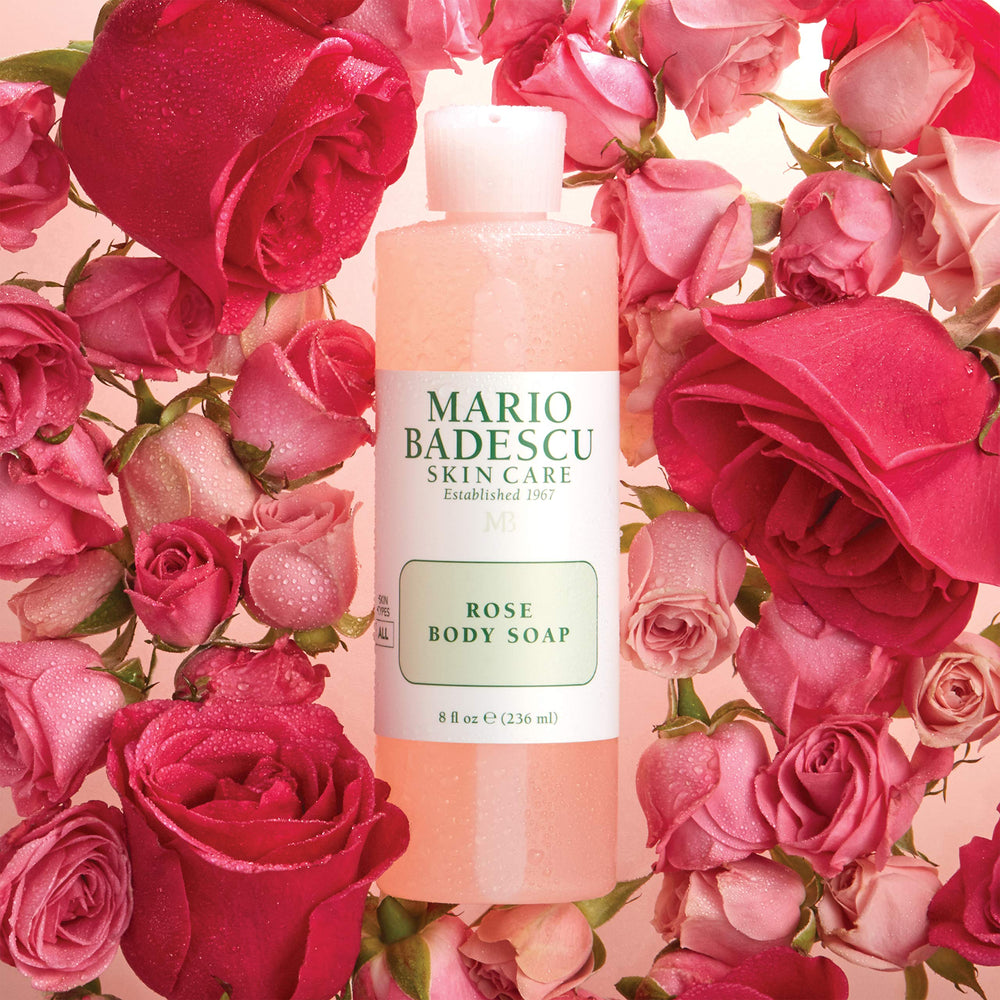 Mario Badescu Rose Body Soap bottle highlighting rose oil and rosewater blend