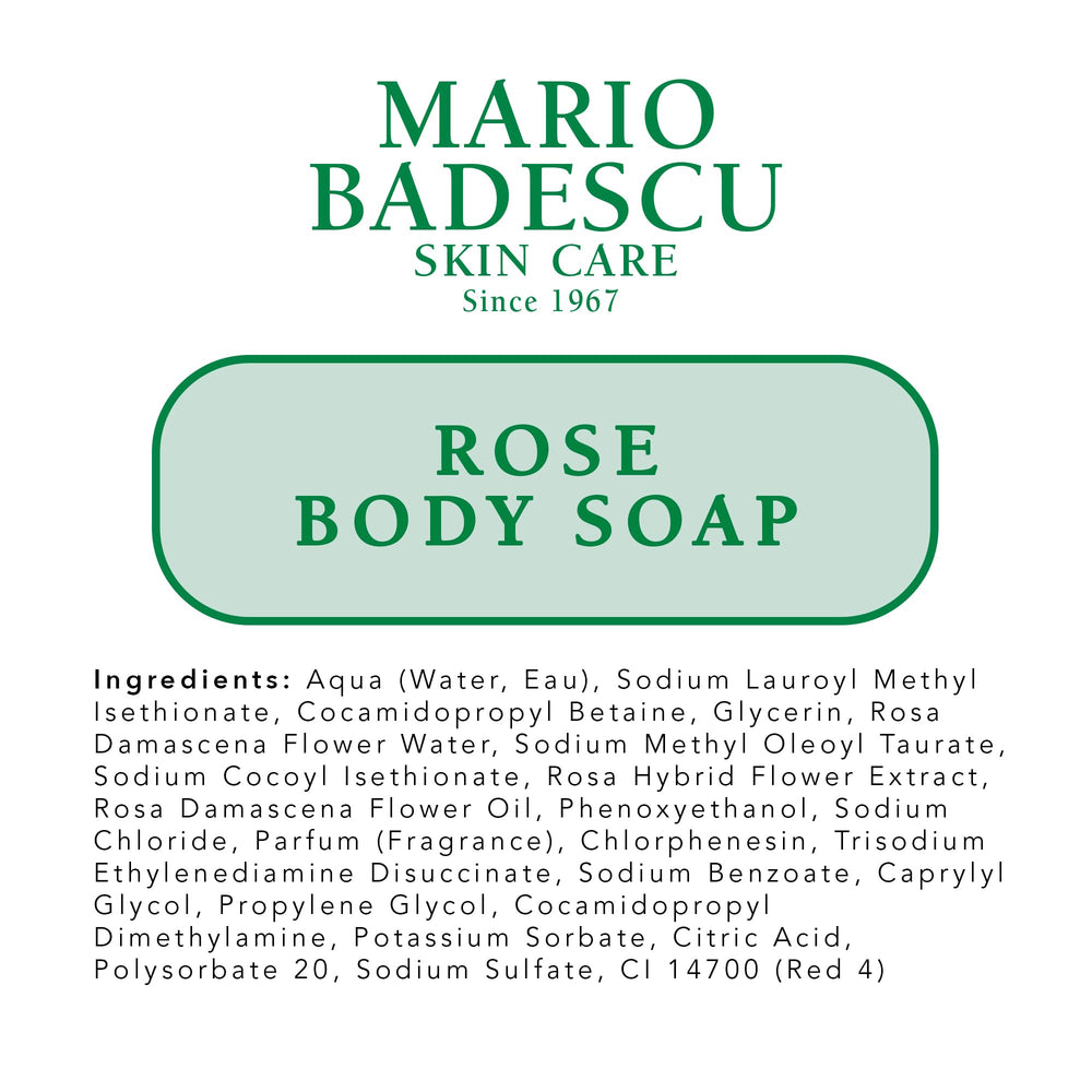 Mario Badescu Rose Body Soap vegan and cruelty-free certification visuals