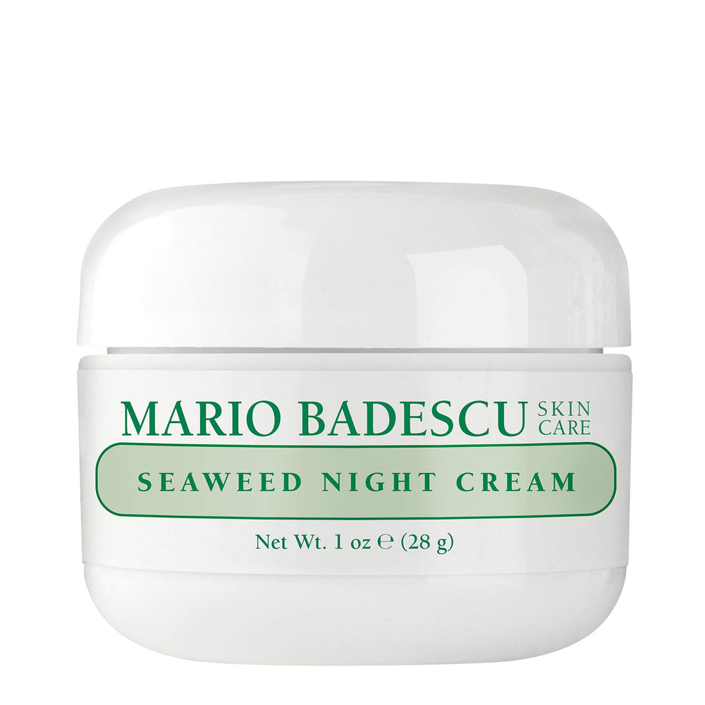 Mario Badescu Seaweed Night Cream jar close-up shows oil-free hydration