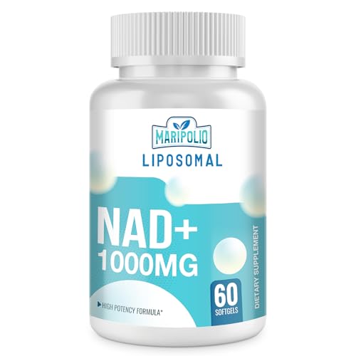 Maripolio Liposomal NAD+ 1000 mg label close-up emphasizing liposomal delivery and quality.