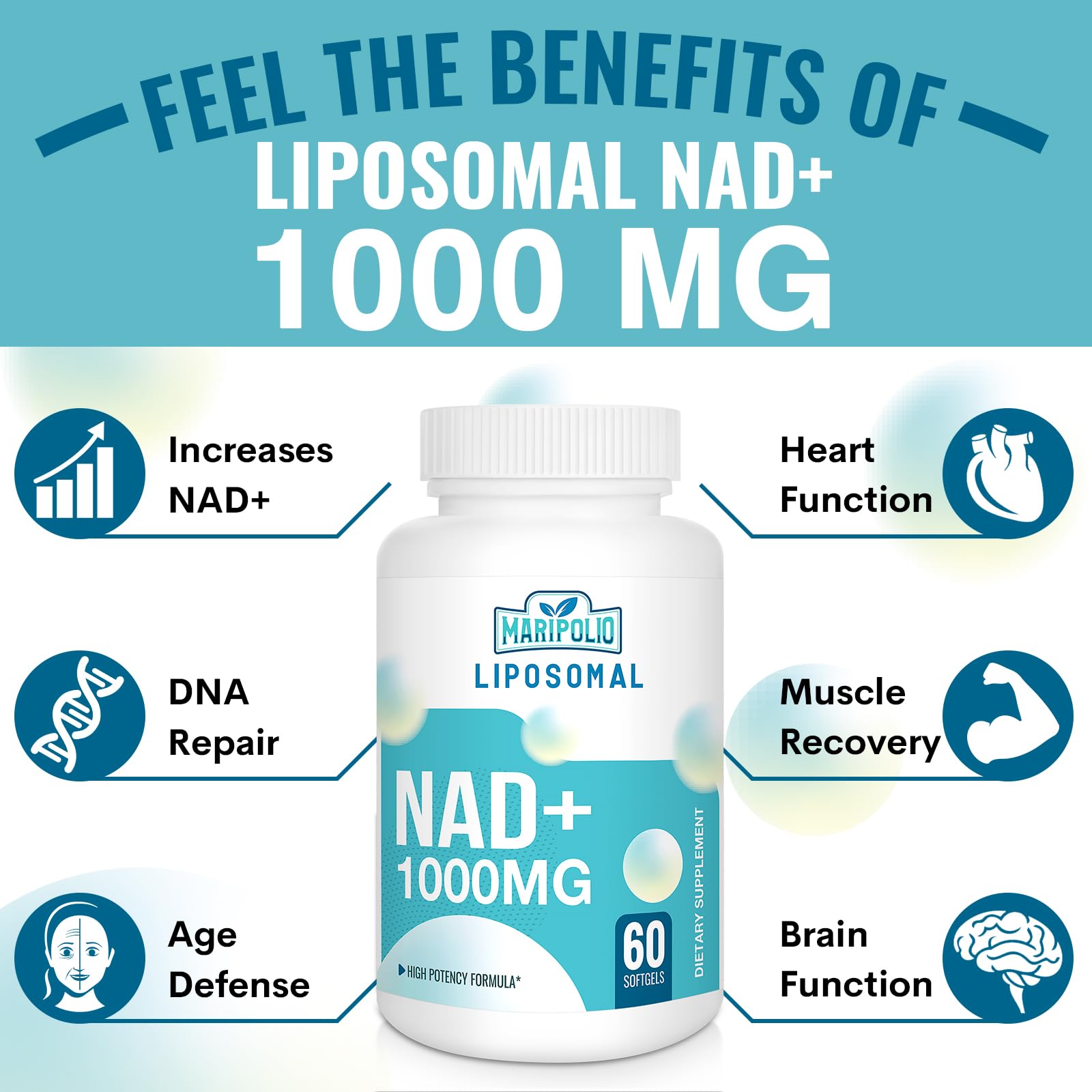 Maripolio Liposomal NAD+ 1000 mg softgels on table with lifestyle context for fitness enthusiasts.