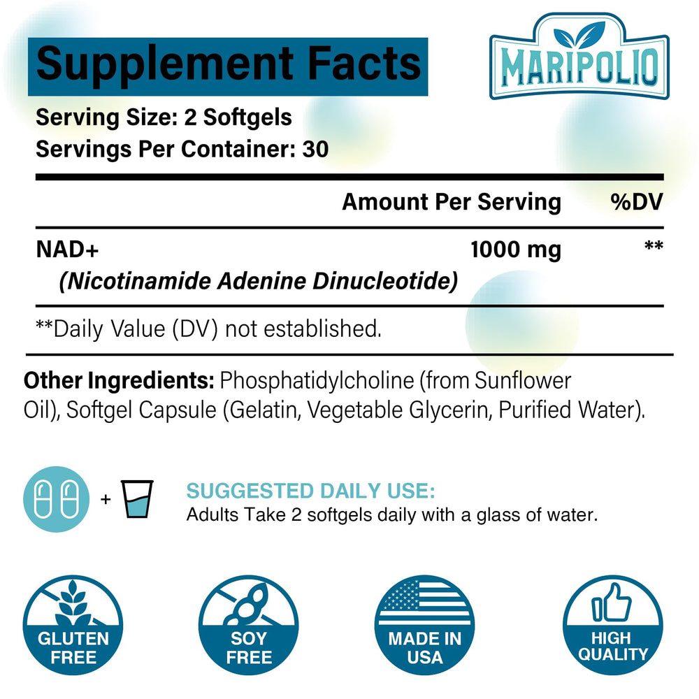 Maripolio Liposomal NAD+ softgels close-up showing convenient daily use and bioavailability.
