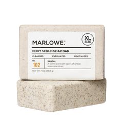 MARLOWE No. 102 Santal scrub bar packaging highlighting eco-friendly wrapper for sustainable care