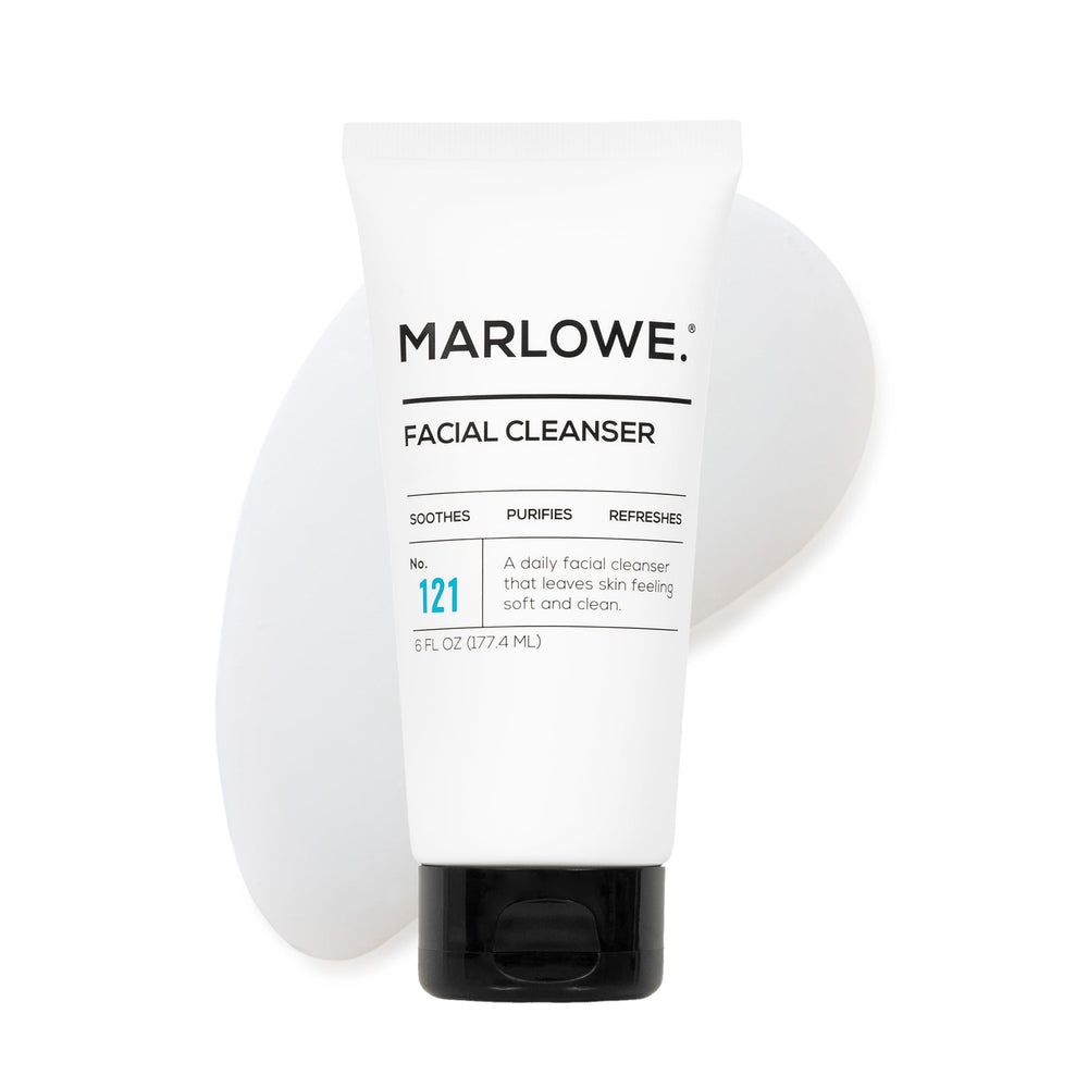 MARLOWE No. 121 facial cleanser bottle front with a fresh woodsy scent for daily refreshing.