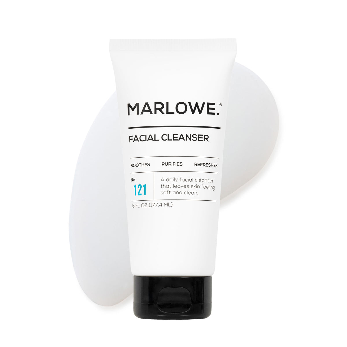 MARLOWE No. 121 facial cleanser bottle front with a fresh woodsy scent for daily refreshing.