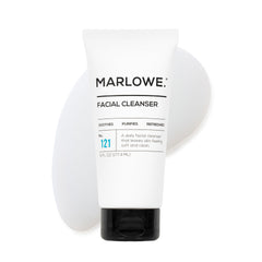 MARLOWE No. 121 facial cleanser bottle front with a fresh woodsy scent for daily refreshing.