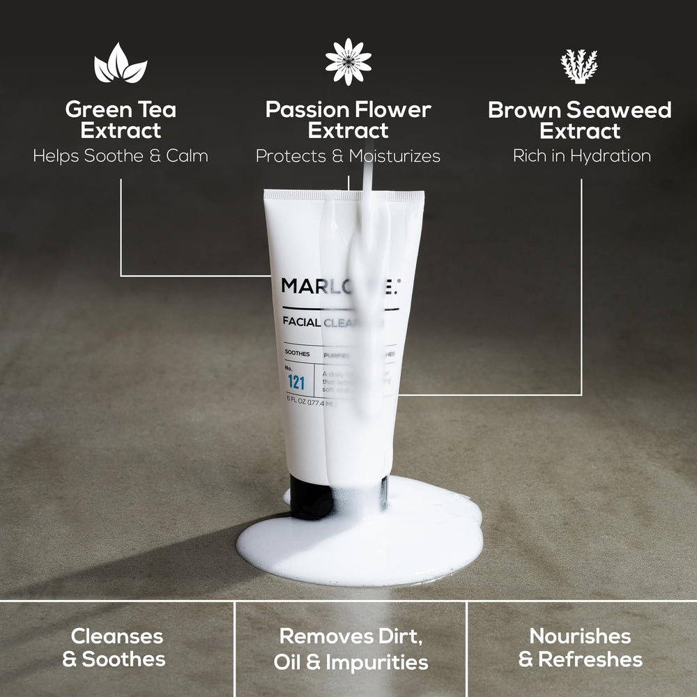MARLOWE No. 121 masculine scent on product surface evokes fresh cedar and pine.