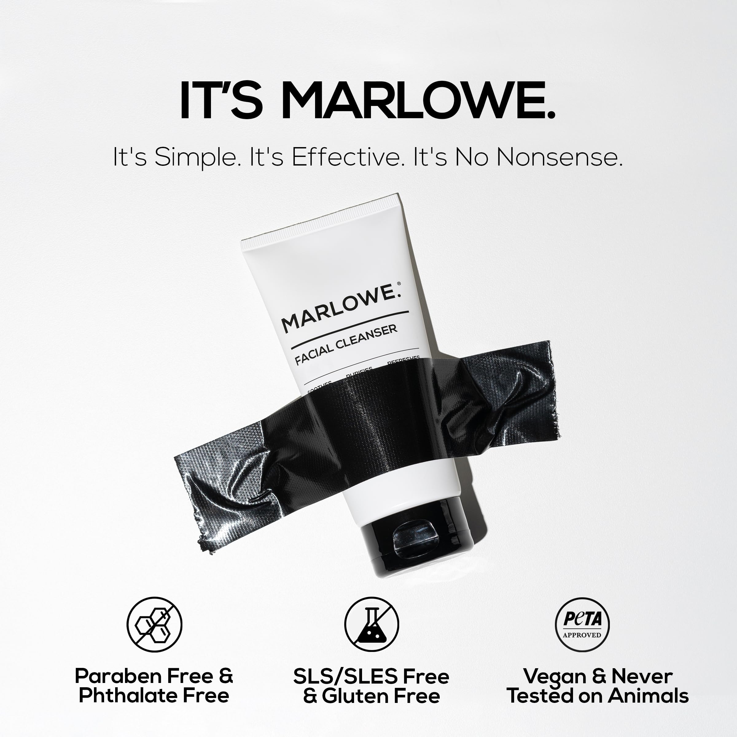 MARLOWE No. 121 vegan label and clean ingredients seal communicates ethical skincare.