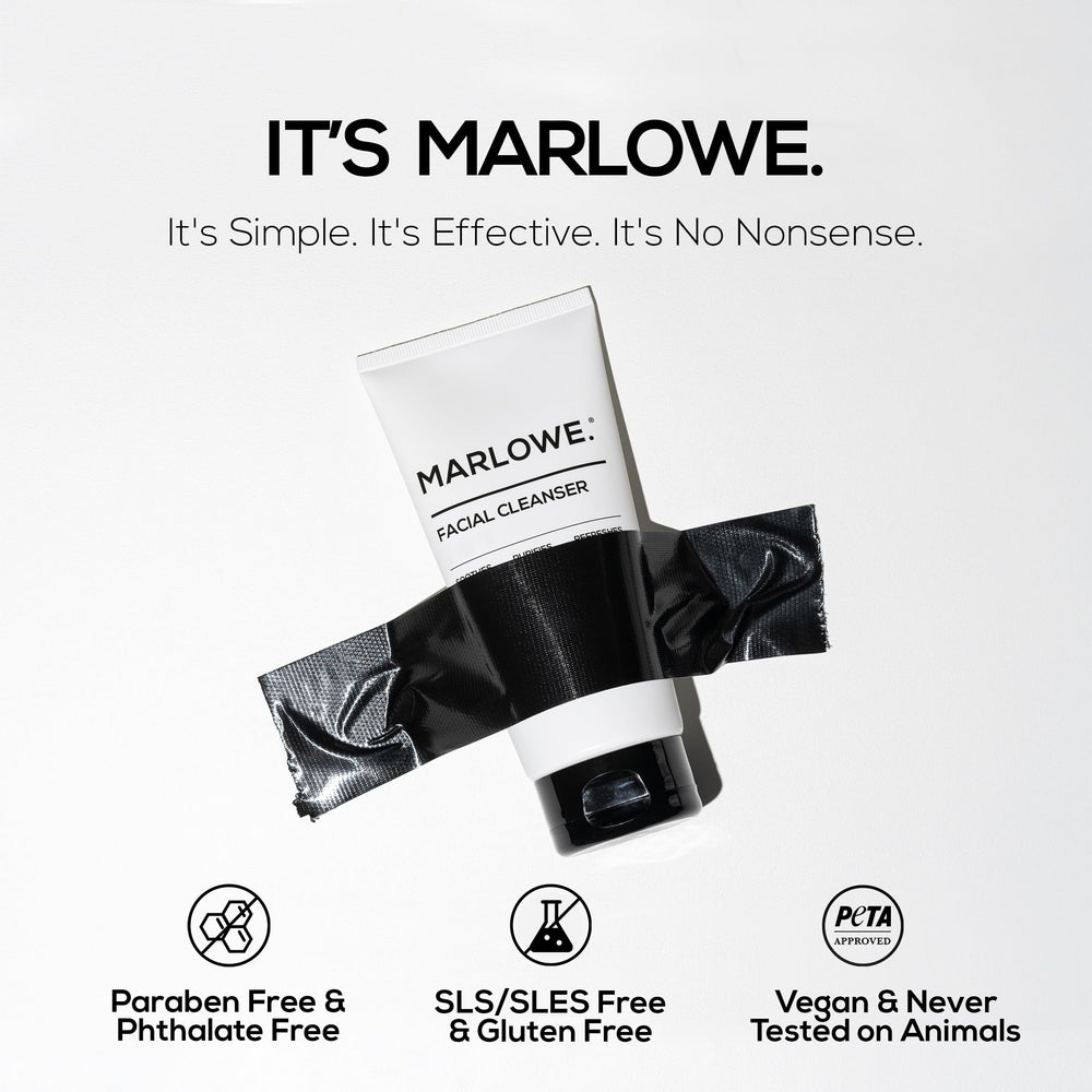 MARLOWE No. 121 vegan label and clean ingredients seal communicates ethical skincare.
