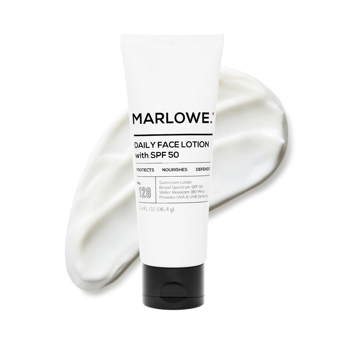 MARLOWE No.128 bottle front with SPF 50 for daily protection.