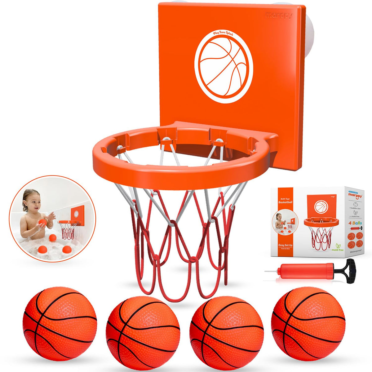 MARPPY bath basketball hoop setup with secure suction cups for tub play.